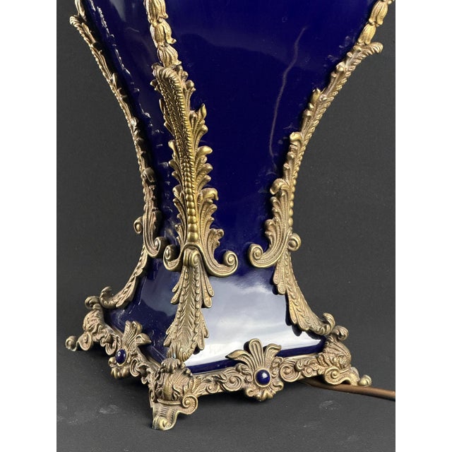 Blue French Cobalt Glass and Ormolu Table Lamp with Ram Heads in the style of Sèvres, 1920s For Sale - Image 8 of 14