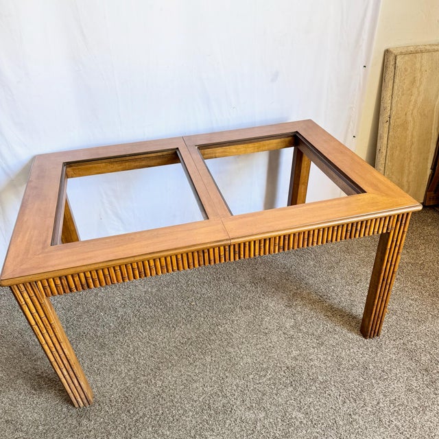 Brown Mid Century Boho Faux Bamboo Extendable Smoked Glass Dining Table by American of Martinsville For Sale - Image 8 of 12