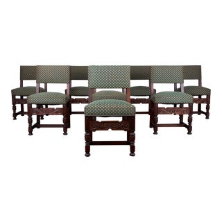 Antique English Renaissance Jacobean Style Oak Dining Chairs W/ Green Fabric - Set of 8 For Sale