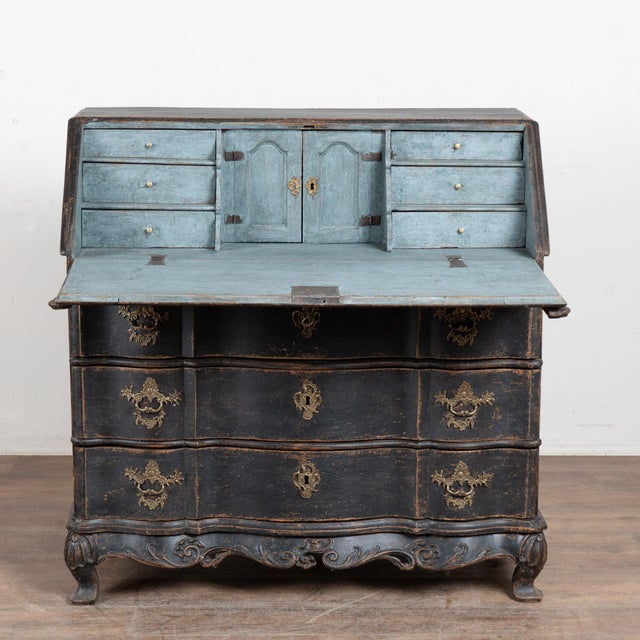 Early 19th-century Danish oak secretary with a newer professionally applied layered black painted finish, selected to suit...