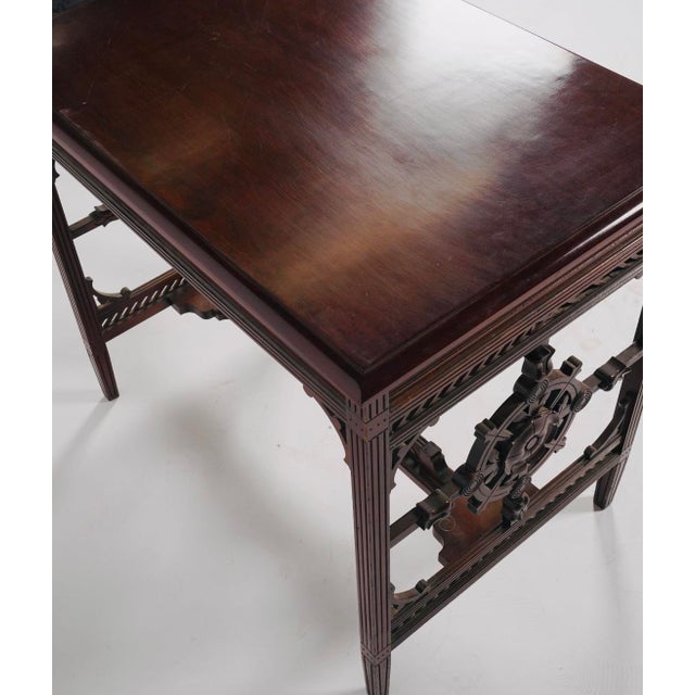 1880s English Aesthetic Movement Mahogany Writing Desk With Pierced Geometric Carving For Sale - Image 9 of 9