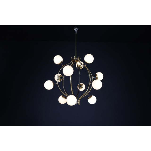 Mid-Century Chandelier in Brass and 12 Opaline Globes from Stilnovo, Italy 1950s For Sale - Image 12 of 17