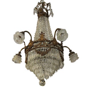 Early 20th Century French Bronze & Crystal Louis XVI Style Beaded Basket Chandelier For Sale