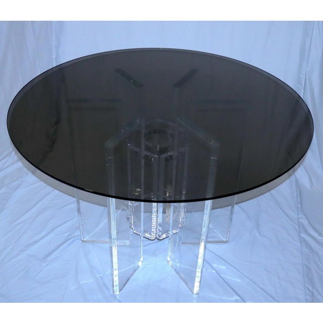 Plastic Heavy Large Lucite Base Round Bronze Smoked Glass Top Dining Conference Table For Sale - Image 7 of 12