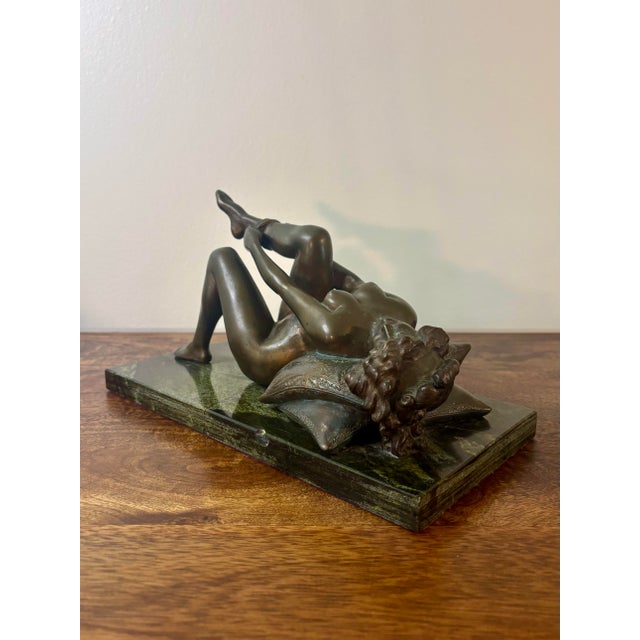 Art Deco 1910s Louis Chalon Bronze Nude Woman Sculpture Putting on Stockings on Marble Base For Sale - Image 3 of 11