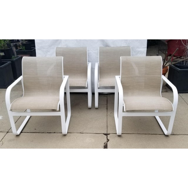 1980's Brown Jordan Quantum Arm Dining Chairs W/ Beige Mesh Set of 4
