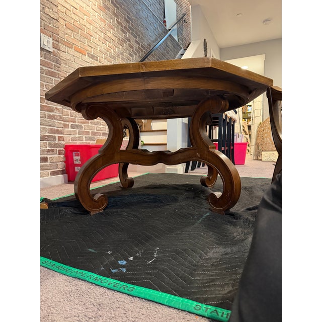 1960s Drexel Esperanto Walnut Octagonal Dining Table and Curule Chairs – 3 Pieces For Sale - Image 10 of 12