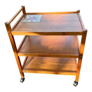 Danish Modern Teak Bar Cart With Inlay Tile 3 Levels Rolling Serving Trolley For Sale