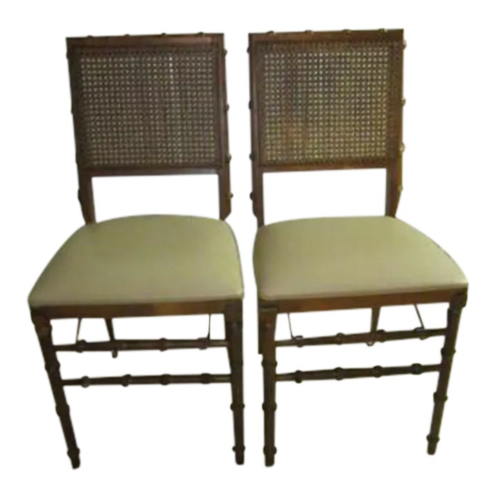1930s Stakmore Folding Chairs Bamboo Cane Back Fabric Seat Set of 2