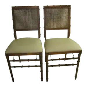 1930s Stakmore Folding Chairs Bamboo Cane Back Fabric Seat Set of 2