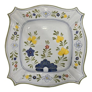 Vintage Italian Majolica Hand-Painted Floral Scalloped Square Serving Platter For Sale