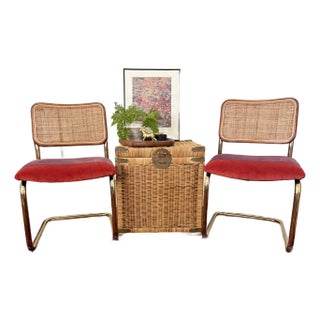 Vintage Cesca Style Chairs With Gold Frames, Color Block Velvet Seats and Cane Backrests. For Sale