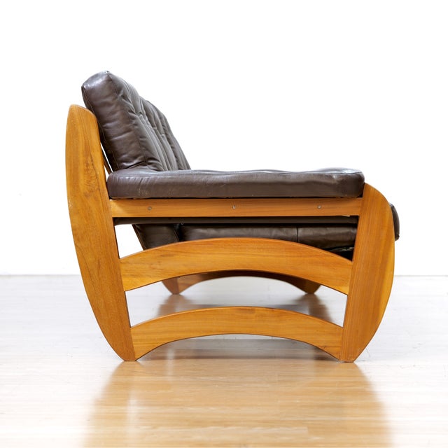 1970s 1970s Brown Leather Sofa Teak Sculptural Form For Sale - Image 5 of 15