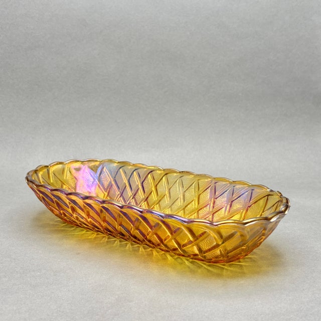 1950s Vintage Indiana Glass Marigold Carnival Glass Oval Celery Dish With Lattice Diamond Pattern For Sale - Image 5 of 8