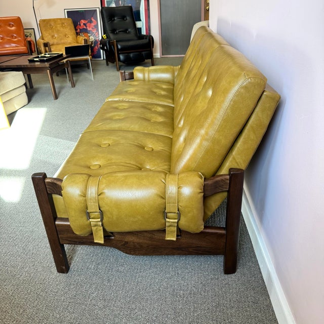 Vintage Olive Colored Vinyl and Walnut Three Seater Sofa For Sale - Image 12 of 12