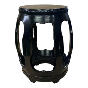 19" Chinese Black Lacquer Wood Open Ru Yi Bar Round Barrel Stool