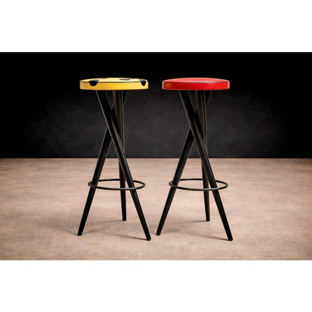 1950s Pair of Bar Stools in Hardwood & Leather, Unknown, 1950s For Sale - Image 5 of 9