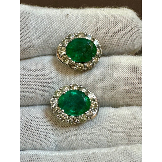 Contemporary 6 Carat Oval Shape Emerald & 2 Ct Diamond Post Back Earrings 14 Karat White Gold For Sale - Image 3 of 18