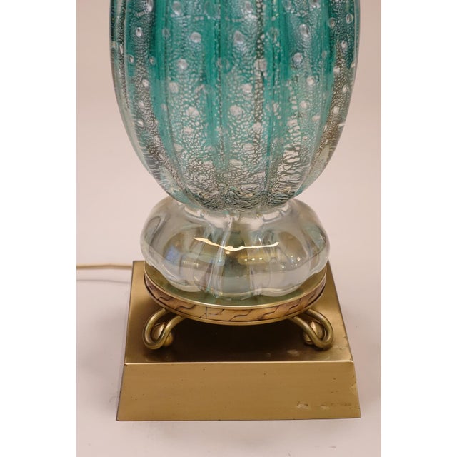 Glass Rare Large Turquoise "Costolato" Barovier Toso Murano Italy Thick Bubble Blown Art Glass Brass Table Lamp 1960s For Sale - Image 7 of 14