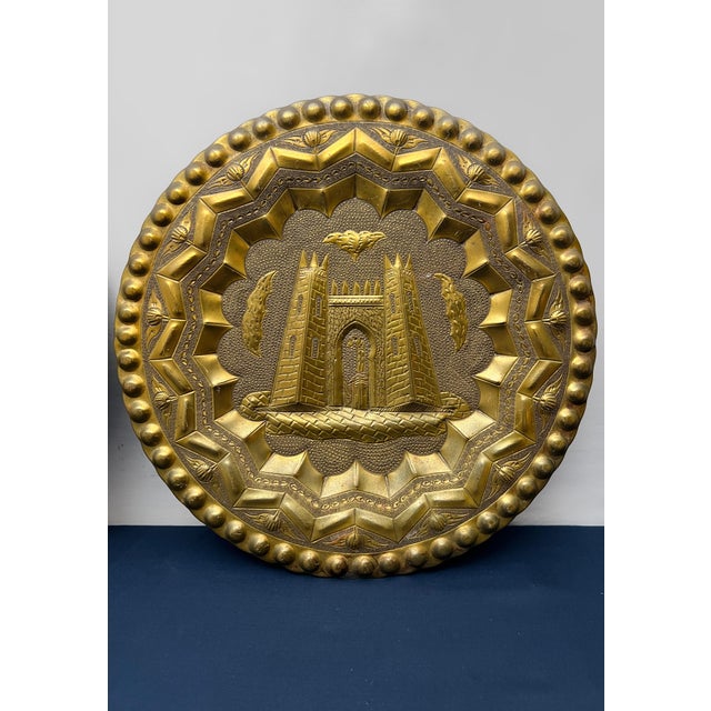 Spanish Revival Vintage Pair of Hollywood Regency Moroccan Repoussé Brass Architectural Wall Chargers For Sale - Image 3 of 8