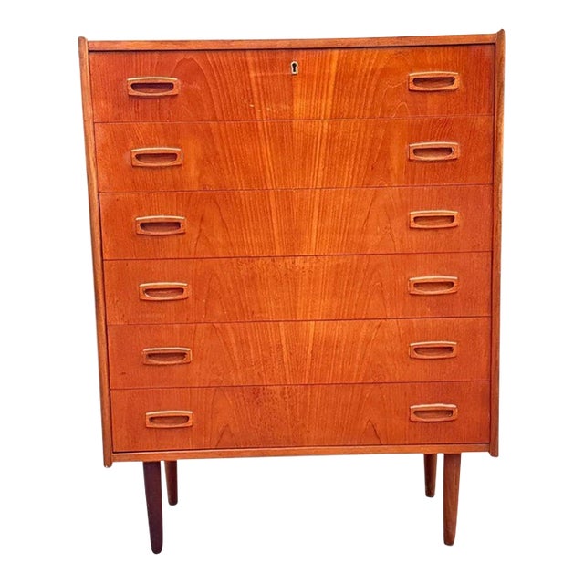 Mid-Century Danish Modern Teak Tallboy Dresser | Six Drawers With Carved Oval Pulls For Sale