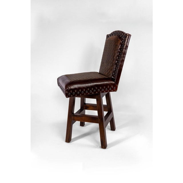 Mid-Century Modern Rustic Cowhide Swivel Stool, Kennedy Ranch Leather Barstool, Western Nailhead Counter Chair For Sale - Image 3 of 7