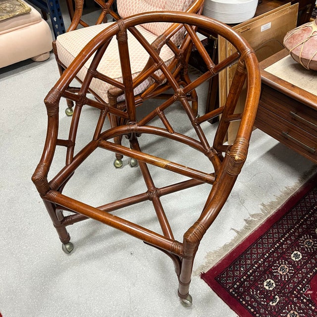 Brown 1960's Bamboo Chairs Tub Barrel Style on Casters Pink Cushions- A Pair For Sale - Image 8 of 12