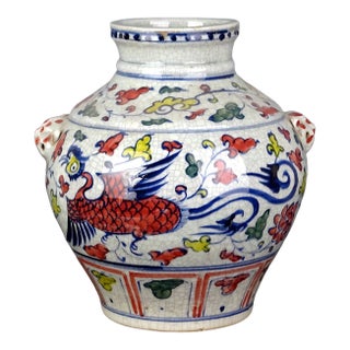 Chinese Vintage Ceramic Pot,Blue and White Famille Verte Porcelain Jar Hand Painted Phoenix Pattern For Sale