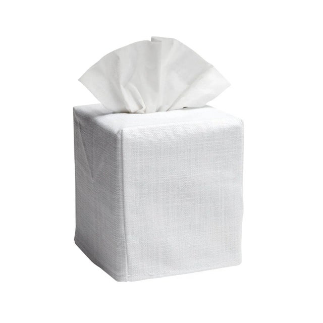 Size: W-4 ½”, D-4 ½”, H-5 ¼” (Fits the standard Puffs & Kleenex cubes) Fabric: White Linen / Cotton Embroidery: Aqua...