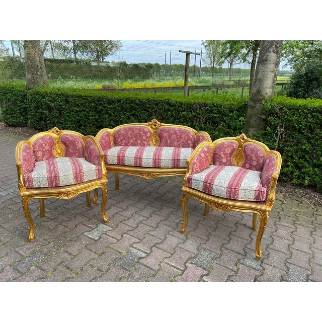 1970s French Louis XVI Gilt Beech Damask Sofa Set – 3 Pc For Sale - Image 18 of 18