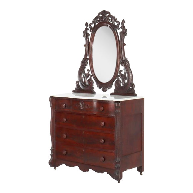 Antique Belter School Rococo Revival Carved Flame Mahogany Mirrored Dresser For Sale