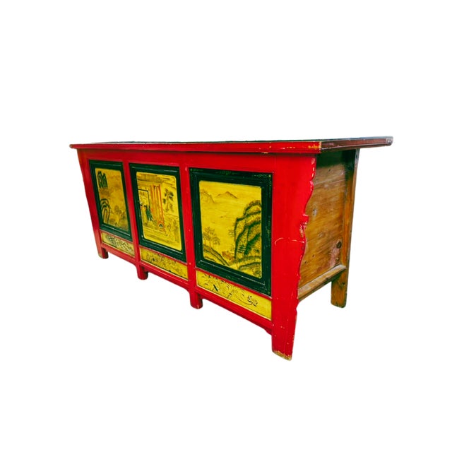Chinese Late 19th Century Hand Painted Converted Desk Red Gansu Sideboard Cabinet Grain Bin For Sale - Image 3 of 12