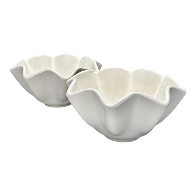 Vintage White Hull Pottery Fluted Star Serving Bowls Pair For Sale