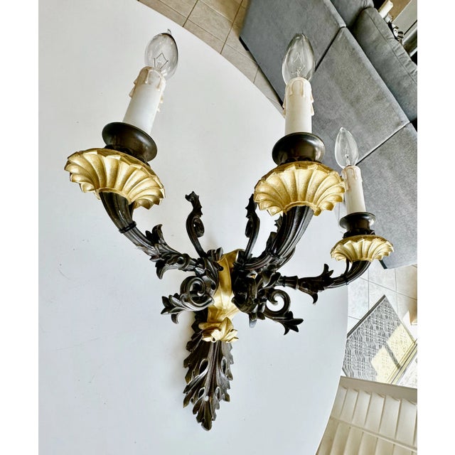 Pair French Empire 3 Arm Bronze Wall Sconces For Sale - Image 13 of 18