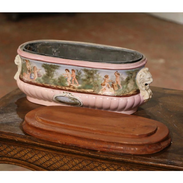 Wood 19th Century French Hand-Painted Faience Jardinière With Zinc Liner on Wood Base For Sale - Image 7 of 8