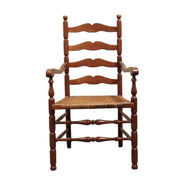 Late 20th Century Statton Furniture Solid Hard Rock Maple Colonial Early American Ladder Back Dining Arm Chair W. Rush Seat For Sale - Image 5 of 11