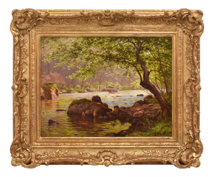 René Charles Edmond His, Landscape with River, Early 1900s, Oil on Canvas, Framed