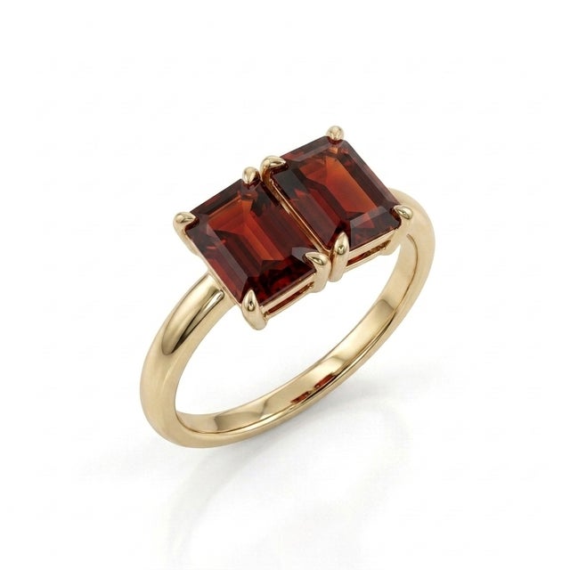 Contemporary Classic Toi Et Moi Double Emerald-Cut Garnet Ring in 925 Sterling SIlver Us 7 For Sale - Image 3 of 5