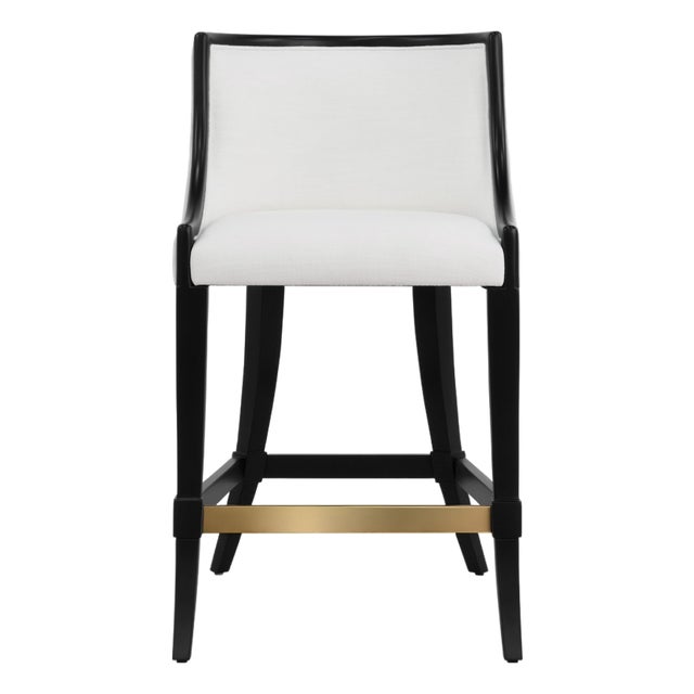 Matthew Izzo Home Keaton Matte Black Klismos Leg Counter Stool With White Performance Linen Upholstery and Brass Foot Rail For Sale