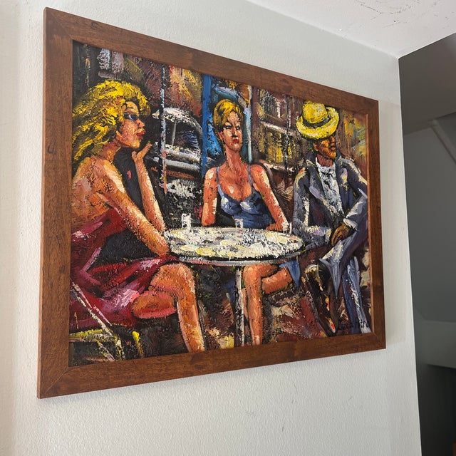 Paint 1980s Oil on Board American School Modern Figurative Framed Signed Titled at the Club For Sale - Image 7 of 10