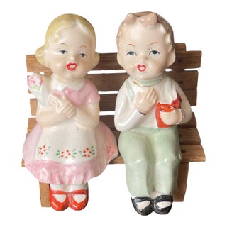 1950s Boy and Girl Sitting on a Wooden Bench, Salt Pepper Shakers Made in Japan - 3 pcs For Sale