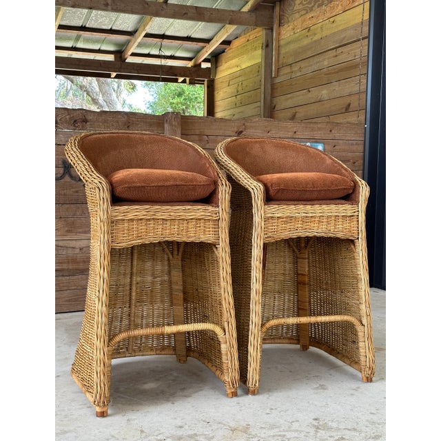 Pair 1980’s Coastal Large Braid Rattan Bar Stools For Sale - Image 11 of 11