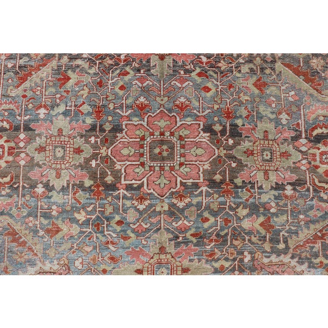 Persian Antique Serapi Rug With All-Over Geometric Design in Gray-Blue and Red For Sale - Image 12 of 14