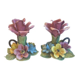 1970's Italian Majolica Floral Candle Holders - a Pair For Sale