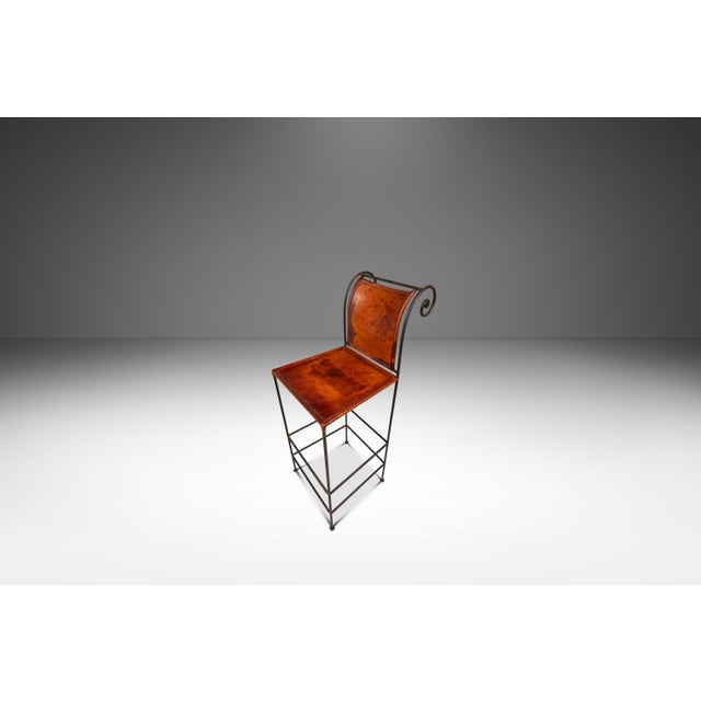 Spanish Set of Two (2) Counter Height Wrought Iron Spanish Hacienda Barstools With Hand-Worked Full Grain Leather, C. 1960s For Sale - Image 3 of 18