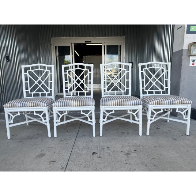 Palm Beach Regency Rattan Chairs Set Of 4 With Fat Seats sold as found in good vintage condition showing normall signs of...