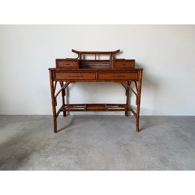 Vintage British Colonial Style Faux Bamboo & Cane Pagoda Desk With Matching Chair For Sale - Image 4 of 12