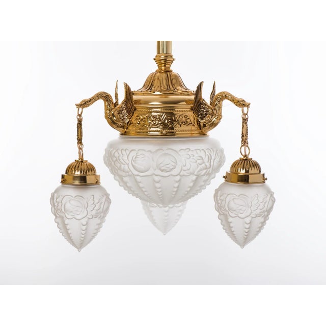 Gothic Spanish Brass Swan Chandelier With Frosted Glass Shades For Sale - Image 3 of 13