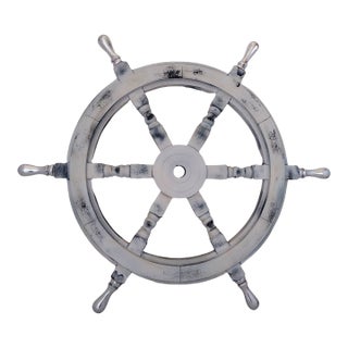 Vintage Nautical Handcrafted White Wooden Ship Wheel With Aluminium Hub & Handle For Sale
