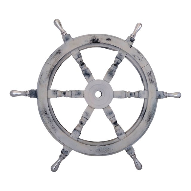 Vintage Nautical Handcrafted White Wooden Ship Wheel With Aluminium Hub & Handle For Sale